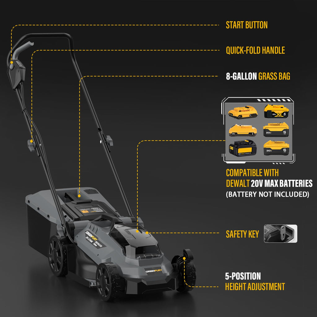 Cordless Lawn Mower Compatible with Dewalt 20V MAX Battery (Tool Only) | 13" Deck, Brushless Motor, 5-Position Height Adjust, 8 Gal Bag, Ideal for Small Yards