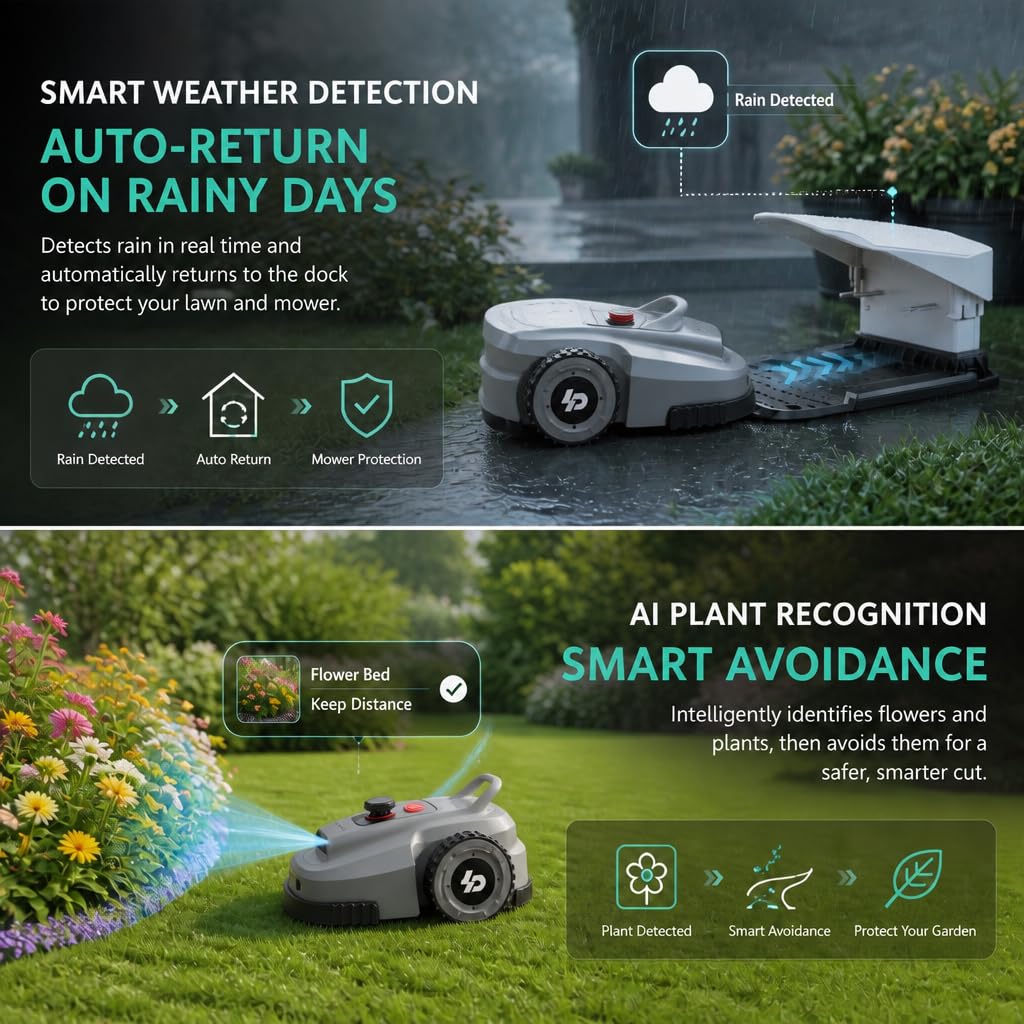 Robot Lawn Mower, Wire-Robotic Mower for 0.99 Acres, No Perimeter Wire, Auto-Mapping, RTK + AI 3D Vision Navigation, 300+ Object Avoidance, 57% Slope, IP66 Automatic Grass Cutter