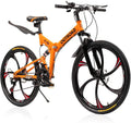 Outroad Folding Mountain Bike 6 Spoke 21 Speed 26 inch Wheel Double Disc Brakes Full Suspension Anti-Slip, Orange