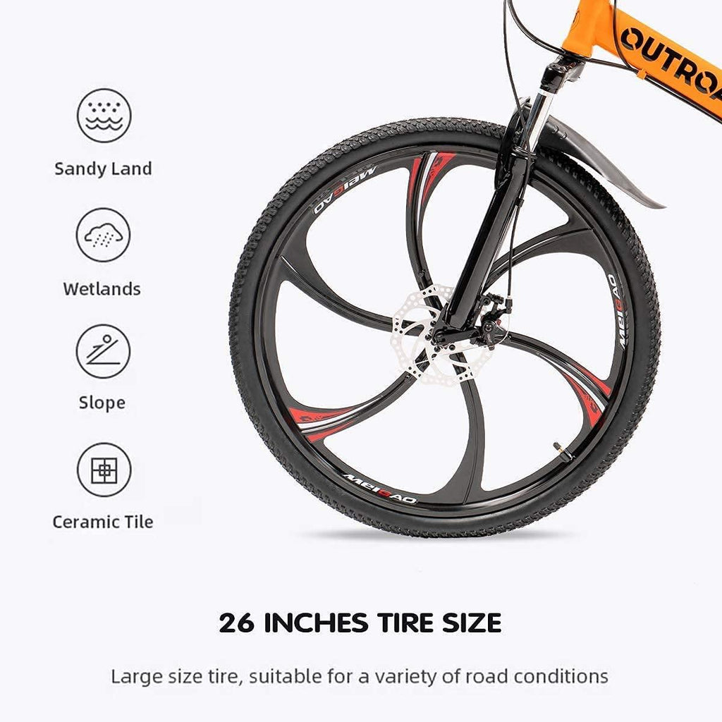 Outroad Folding Mountain Bike 6 Spoke 21 Speed 26 inch Wheel Double Disc Brakes Full Suspension Anti-Slip, Orange