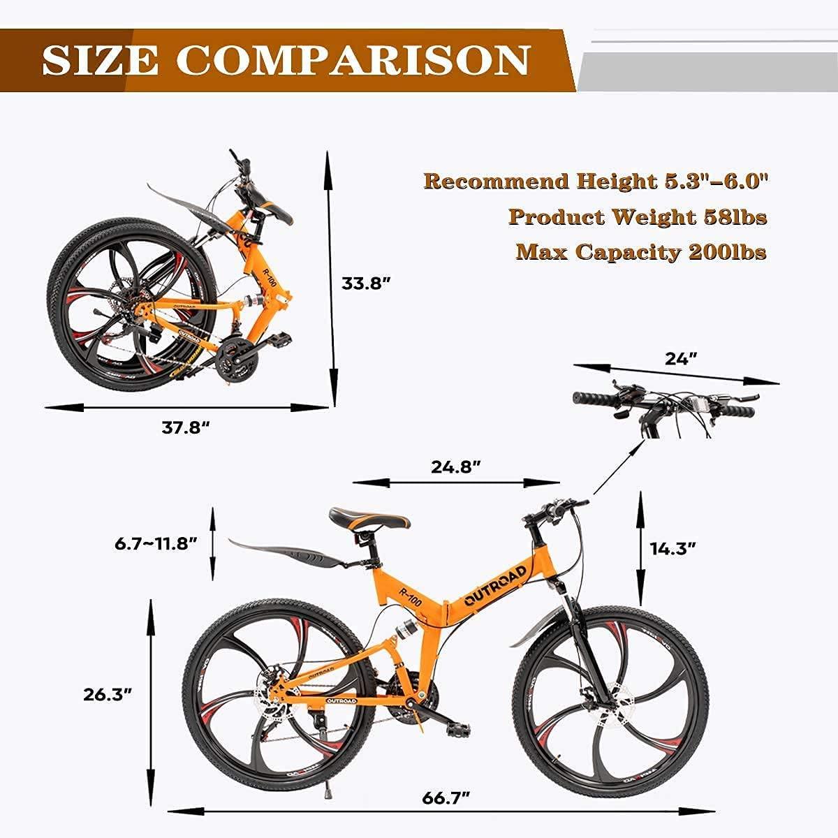 Outroad Folding Mountain Bike 6 Spoke 21 Speed 26 inch Wheel Double Disc Brakes Full Suspension Anti-Slip, Orange