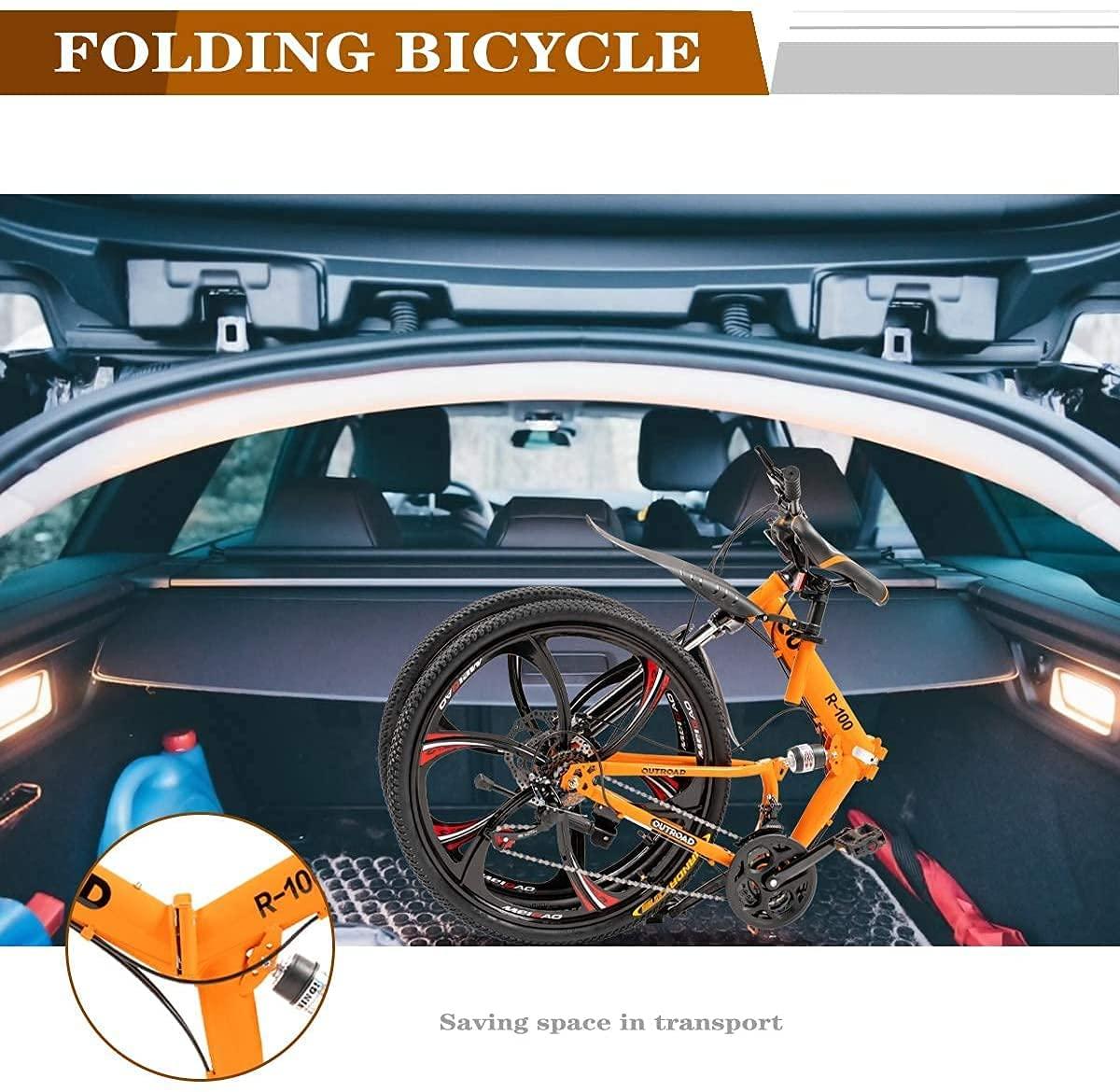 Outroad Folding Mountain Bike 6 Spoke 21 Speed 26 inch Wheel Double Disc Brakes Full Suspension Anti-Slip, Orange