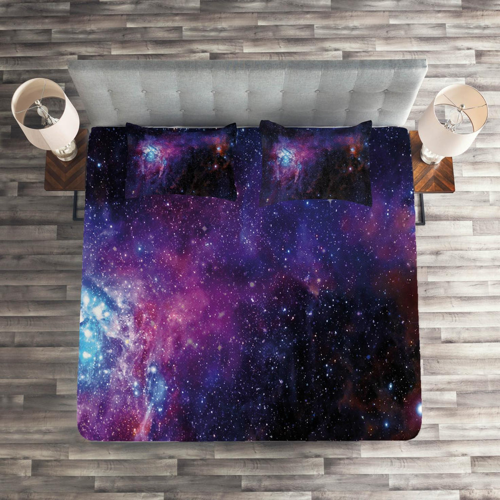 Galaxy Coverlet Set Size, Starry Night Nebula Cloud Celestial Theme ImaSpace Art Elements Print, Quilted 3 Piece Decor Bedspread Set with 2 Pillow Shams, Black Purple Blue, by Ambesonne