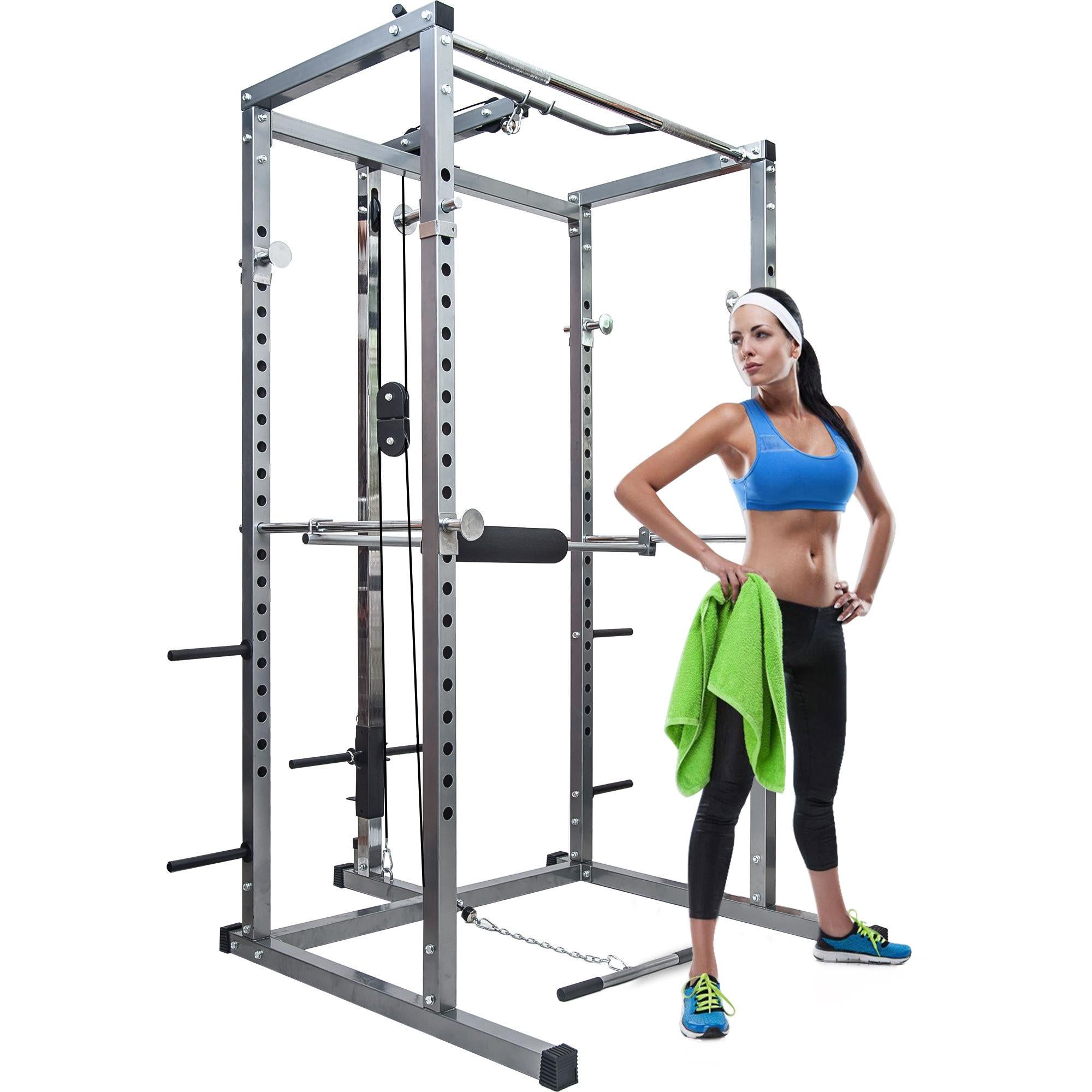 Multi-Function Power Cage, Aukfa Power Squat Rack, Home Gym Exercise Bench Press Weightlifting Workout Station, Solid Steel Chrome Pull Up Bar with Knurled Grips