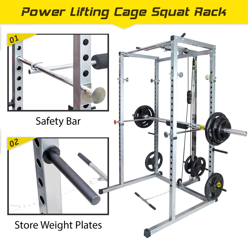 Multi-Function Power Cage, Aukfa Power Squat Rack, Home Gym Exercise Bench Press Weightlifting Workout Station, Solid Steel Chrome Pull Up Bar with Knurled Grips