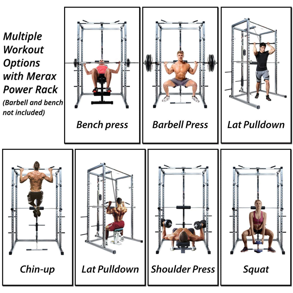 Multi-Function Power Cage, Aukfa Power Squat Rack, Home Gym Exercise Bench Press Weightlifting Workout Station, Solid Steel Chrome Pull Up Bar with Knurled Grips