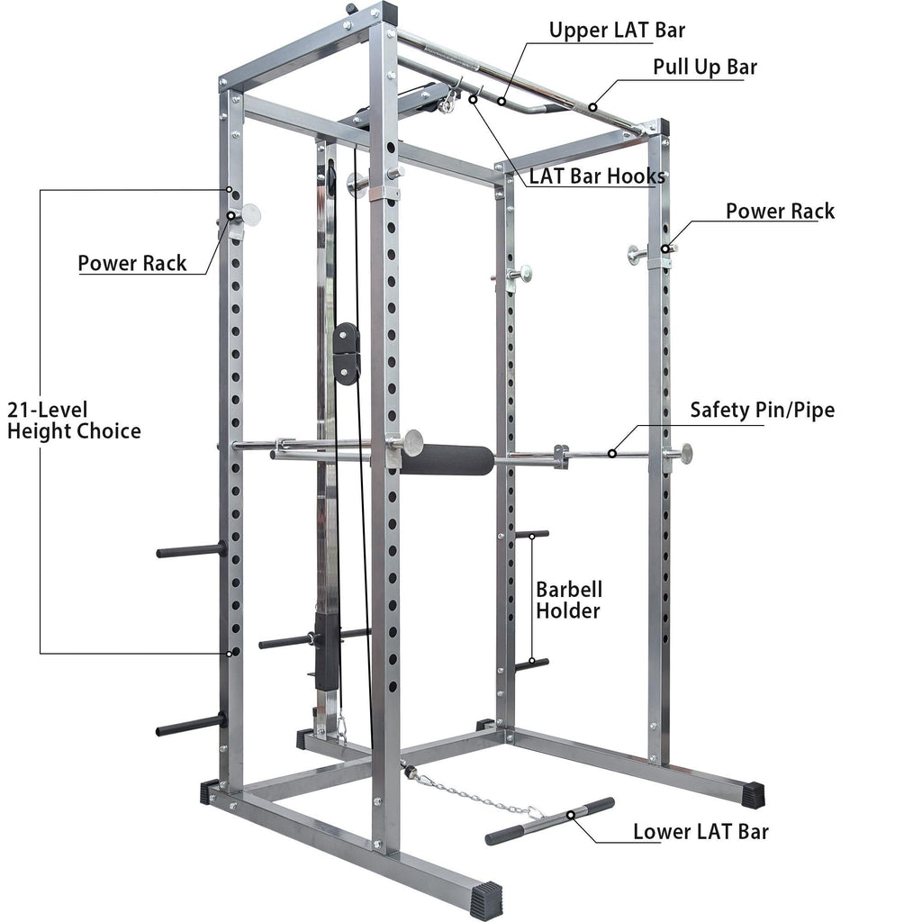 Multi-Function Power Cage, Aukfa Power Squat Rack, Home Gym Exercise Bench Press Weightlifting Workout Station, Solid Steel Chrome Pull Up Bar with Knurled Grips