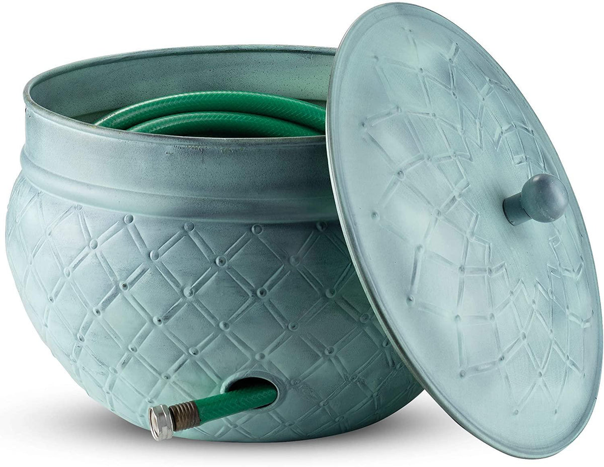 LifeSmart Garden Hose Pot Storage Holder with Copper Accents 16 x 12 Inches (Green)