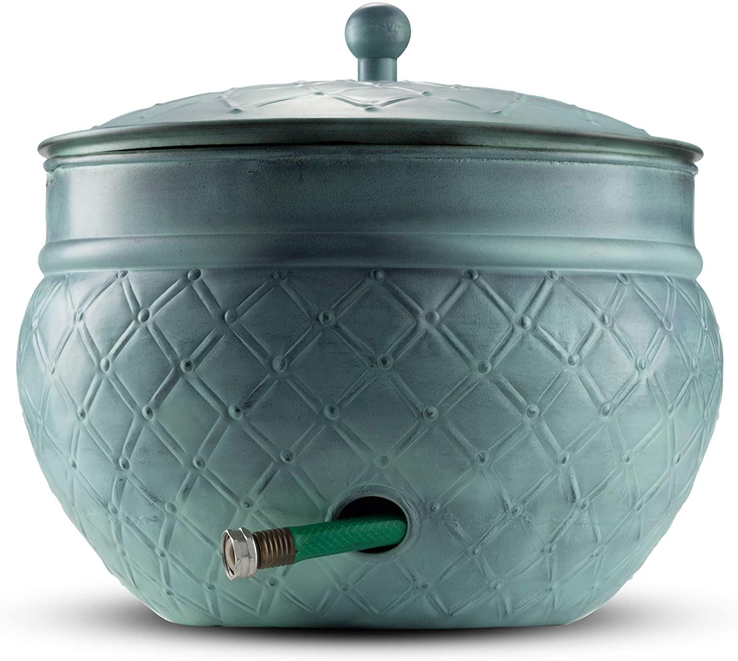 LifeSmart Garden Hose Pot Storage Holder with Copper Accents 16 x 12 Inches (Green)