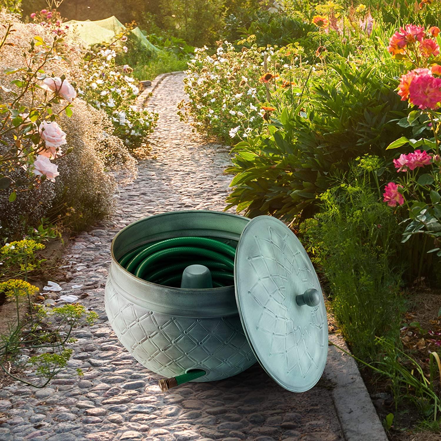 LifeSmart Garden Hose Pot Storage Holder with Copper Accents 16 x 12 Inches (Green)