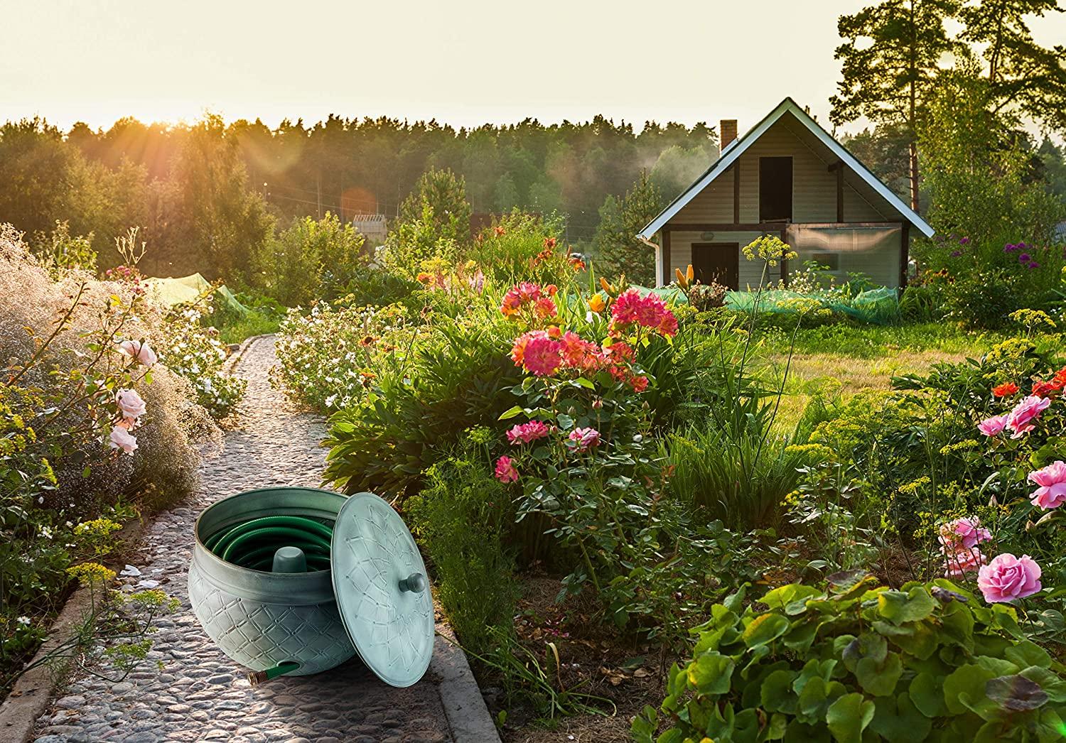 LifeSmart Garden Hose Pot Storage Holder with Copper Accents 16 x 12 Inches (Green)