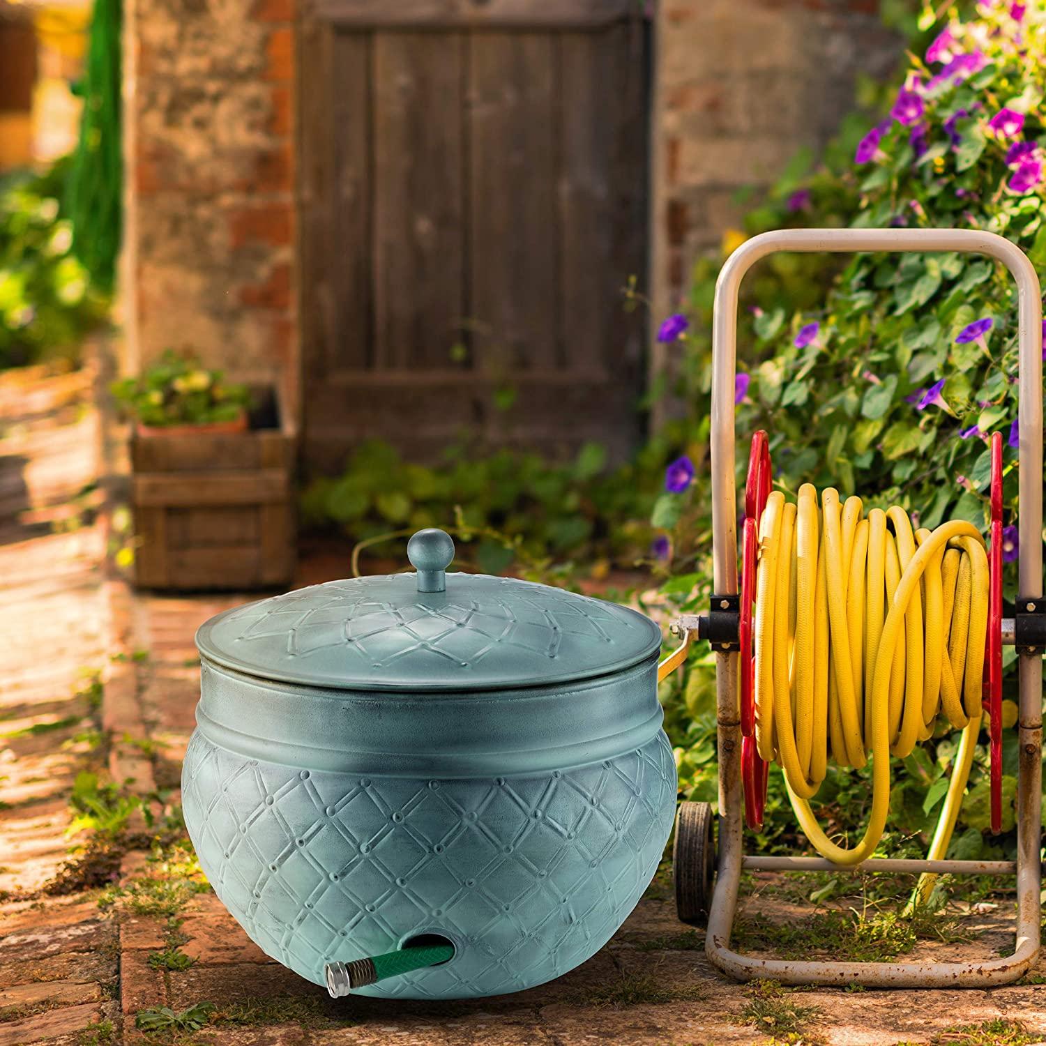 LifeSmart Garden Hose Pot Storage Holder with Copper Accents 16 x 12 Inches (Green)