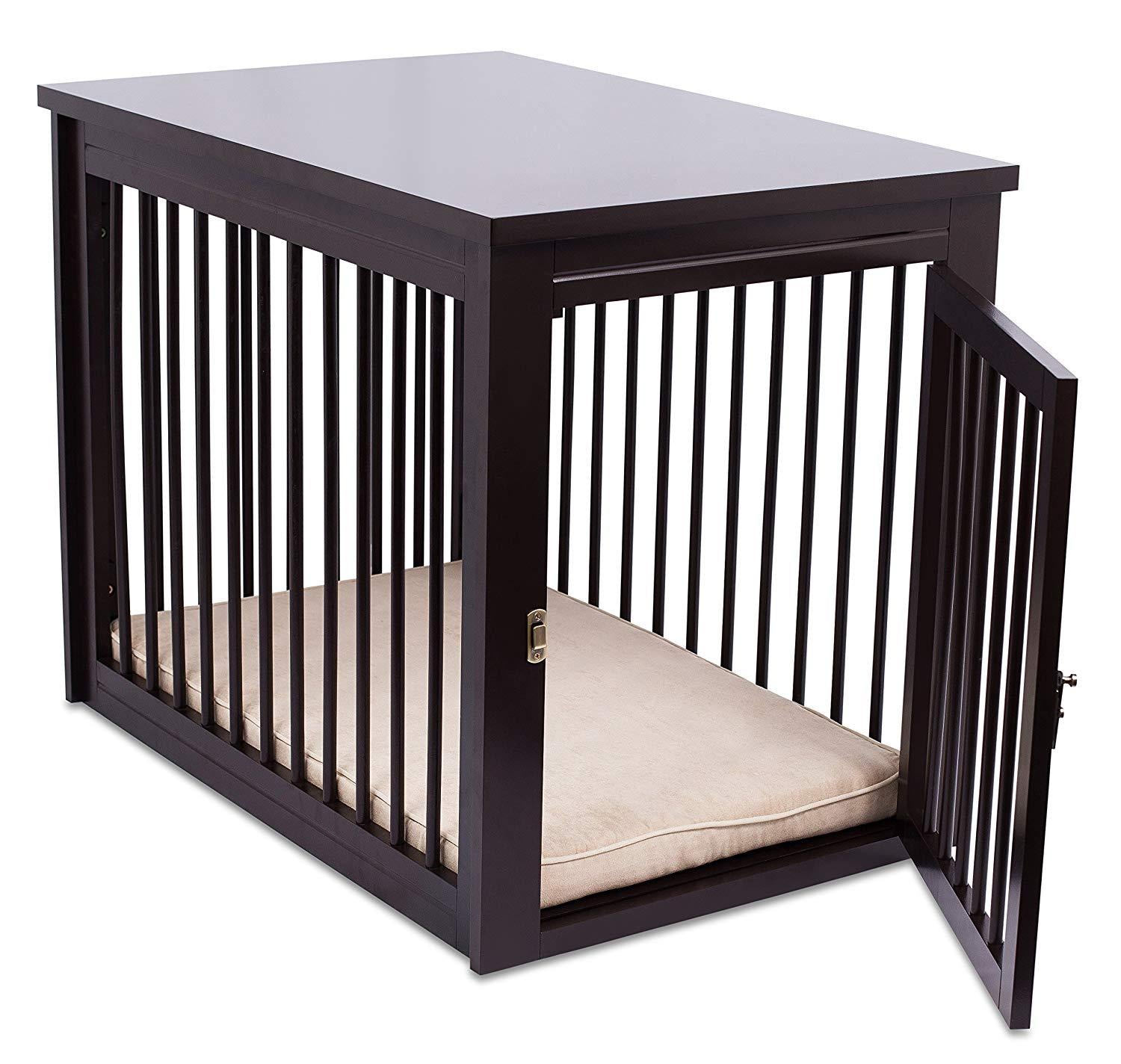 Internet's Best Decorative Dog Kennel with Pet Bed - Wooden Dog House - LarIndoor Pet Crate Side Table - Espresso