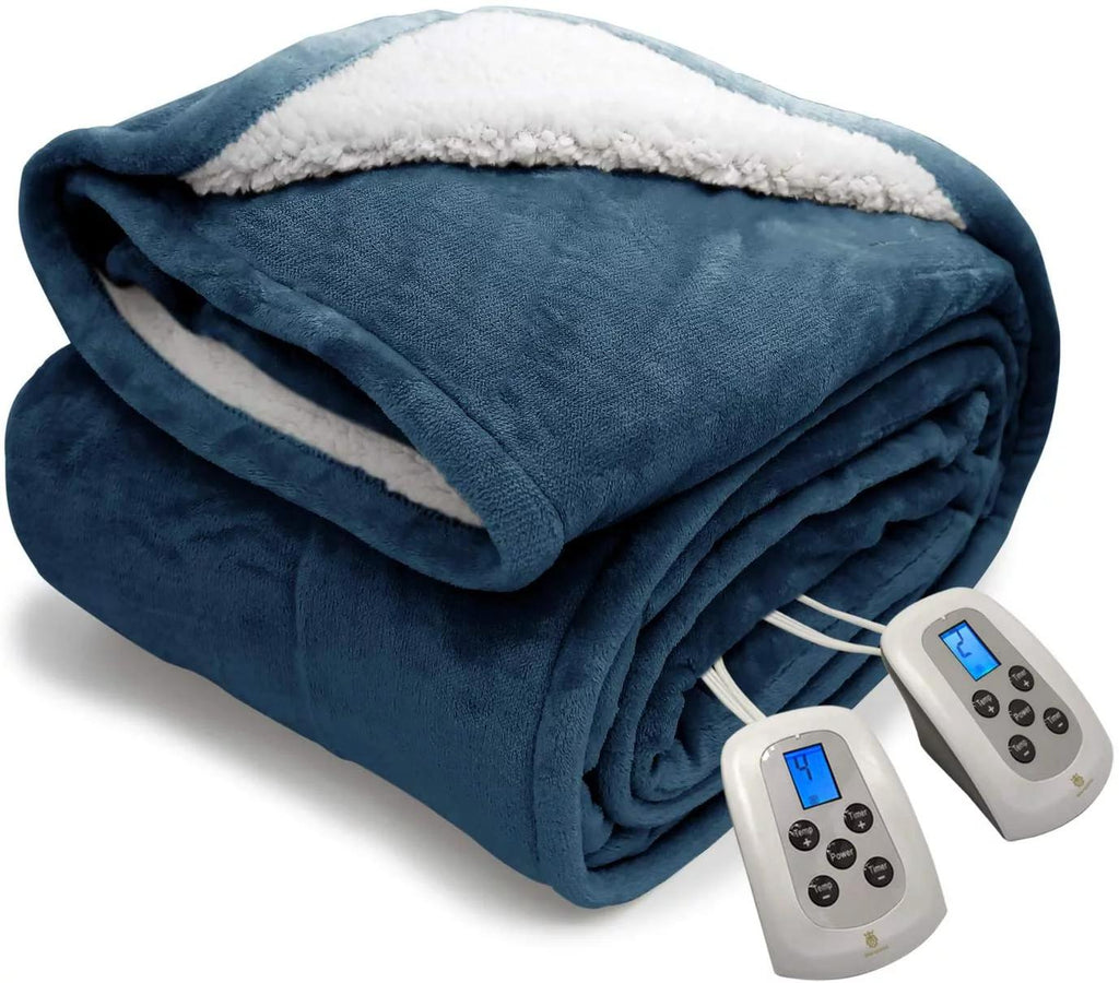 Electric Blanket Washable with Dual Controllers, Heated Sherpa &amp; Reversible Flannel Warm Blanket Throw, Oversized Fast Heating with 10 Settings/Safety 10 Hours Auto-Off(100X90'' Navy Blue)