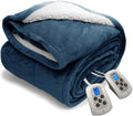 Electric Blanket Washable with Dual Controllers, Heated Sherpa &amp; Reversible Flannel Warm Blanket Throw, Oversized Fast Heating with 10 Settings/Safety 10 Hours Auto-Off(100X90'' Navy Blue)