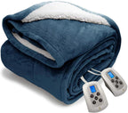 Electric Blanket Washable with Dual Controllers, Heated Sherpa &amp; Reversible Flannel Warm Blanket Throw, Oversized Fast Heating with 10 Settings/Safety 10 Hours Auto-Off(100X90'' Navy Blue)