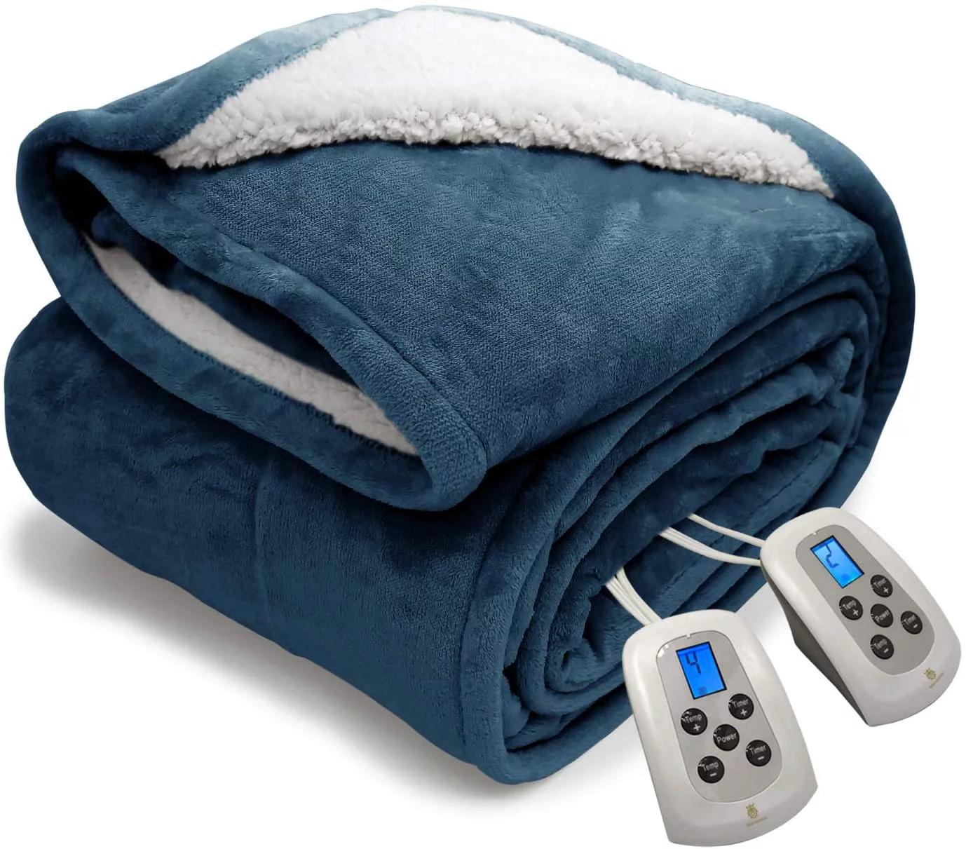 Electric Blanket Washable with Dual Controllers, Heated Sherpa &amp; Reversible Flannel Warm Blanket Throw, Oversized Fast Heating with 10 Settings/Safety 10 Hours Auto-Off(100X90'' Navy Blue)