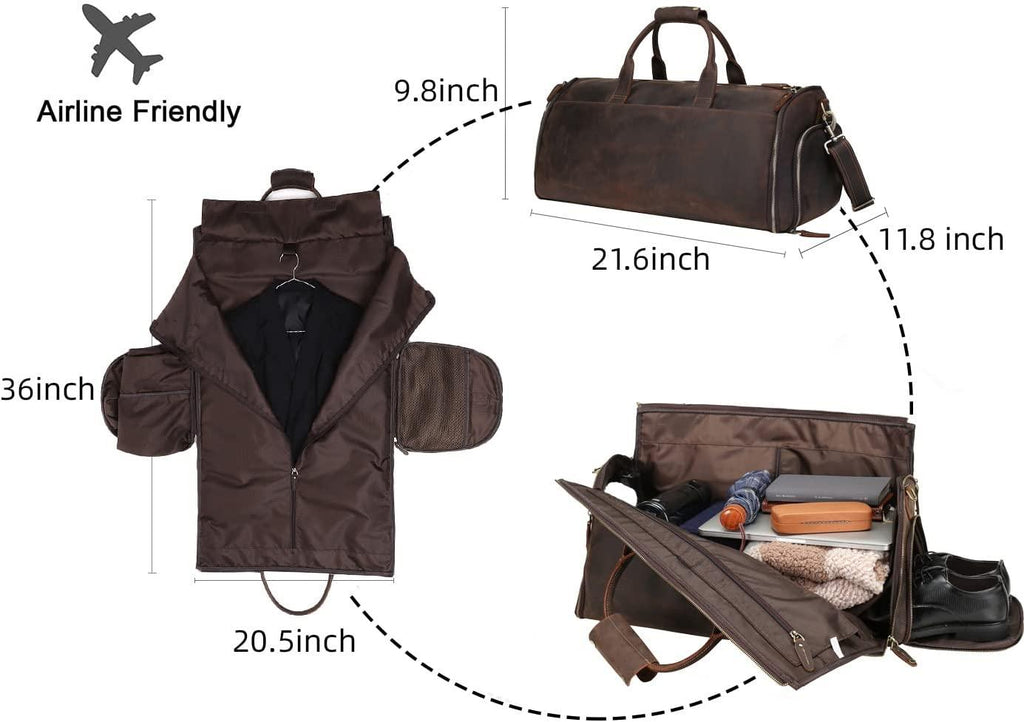 Carry On Garment Bag, UBANT Convertible Garment Bag with Shoes Compartment  Full Grain Leather Travel Weekender Overnight Large Duffel Bag 2 in 1 Hanging Suitcase Suit Travel Bags for Men