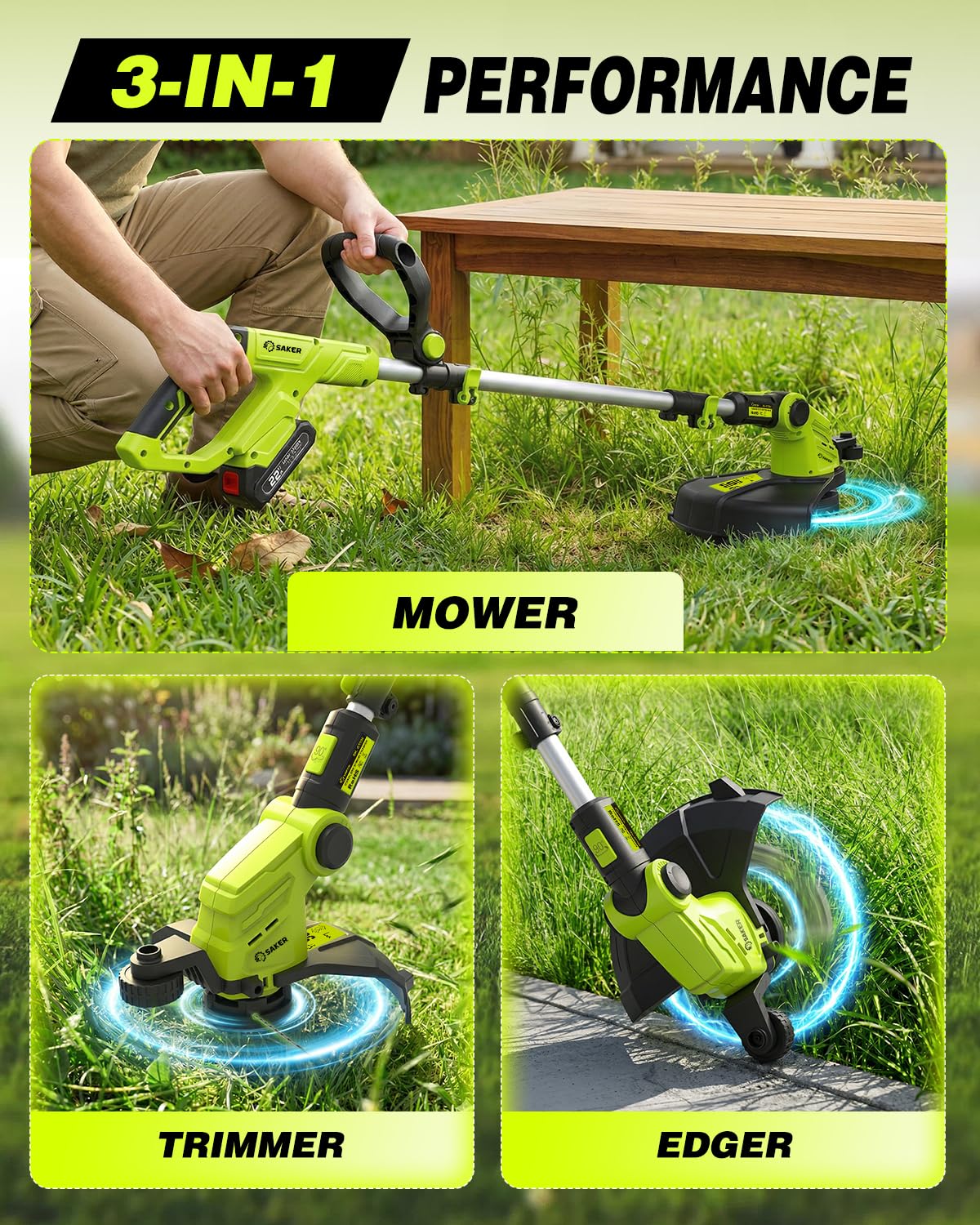 Cordless Weed Wacker,3-in-1 Weed Cutter with Auto Line Feed, 12-in Cordless Lawn Mower Grass Trimmer&amp;Edger Lawn&amp;Mower Tool with 2 Batteries for Yard, Garden,Wireless Weed Eater with 2 Lines