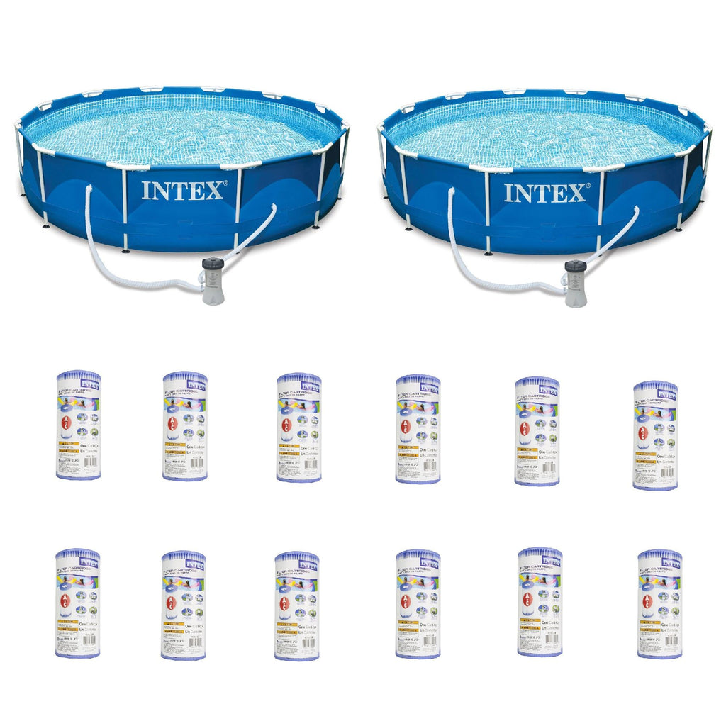 intex 12' x 30" metalframe round pool (2 pack) &amp; replacement cartridge (12 pack)