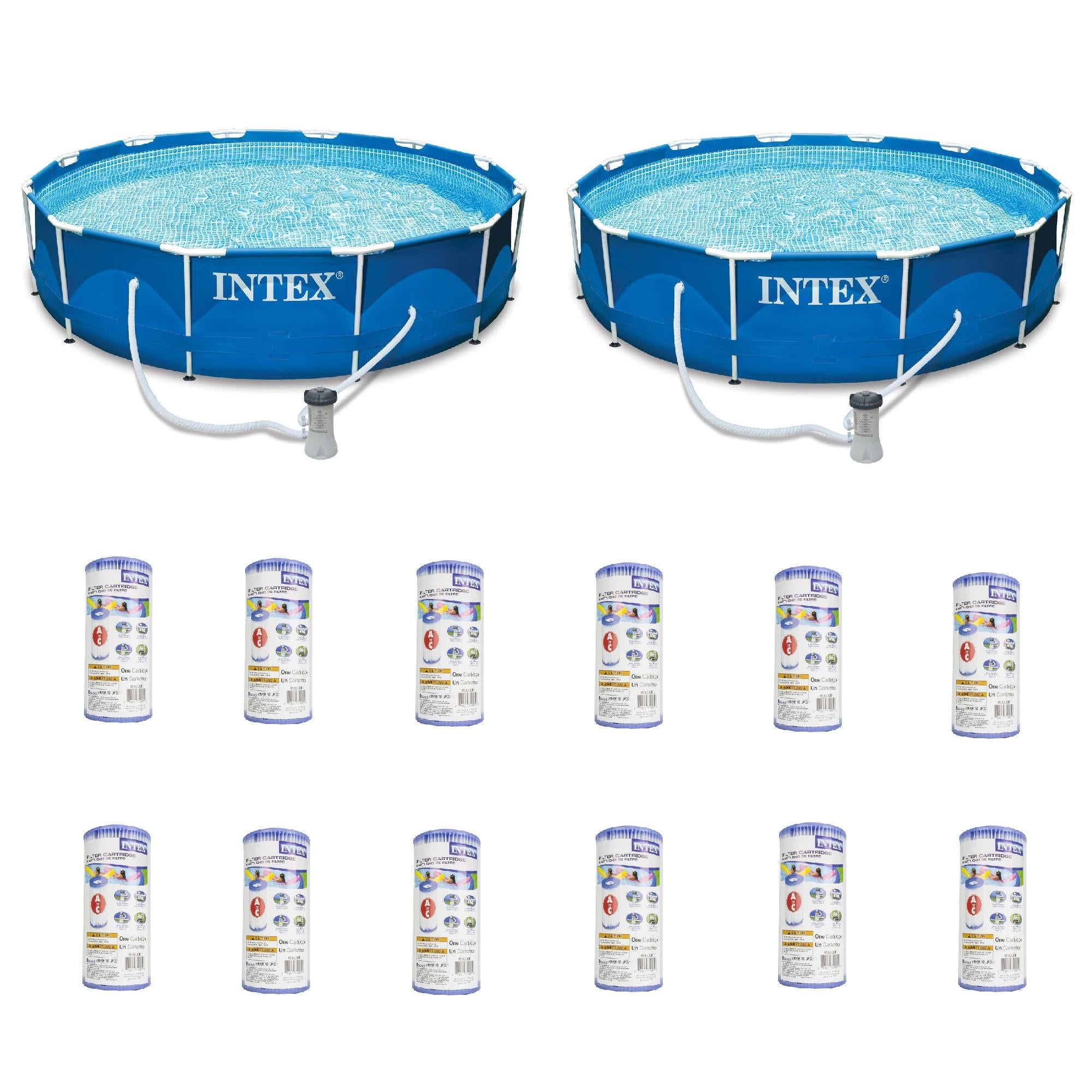 intex 12' x 30" metalframe round pool (2 pack) &amp; replacement cartridge (12 pack)