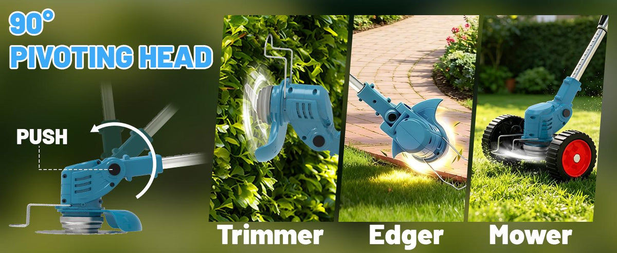 21V Electric Weed Wacker Cordless Weed Eater Battery Powered, String Trimmer Battery Operated, Lightweight 4 in 1 Grass Trimmer/Brush Cutter/Lawn Edger/Mower with Metal Blades &amp; Wheels for Garden Yard