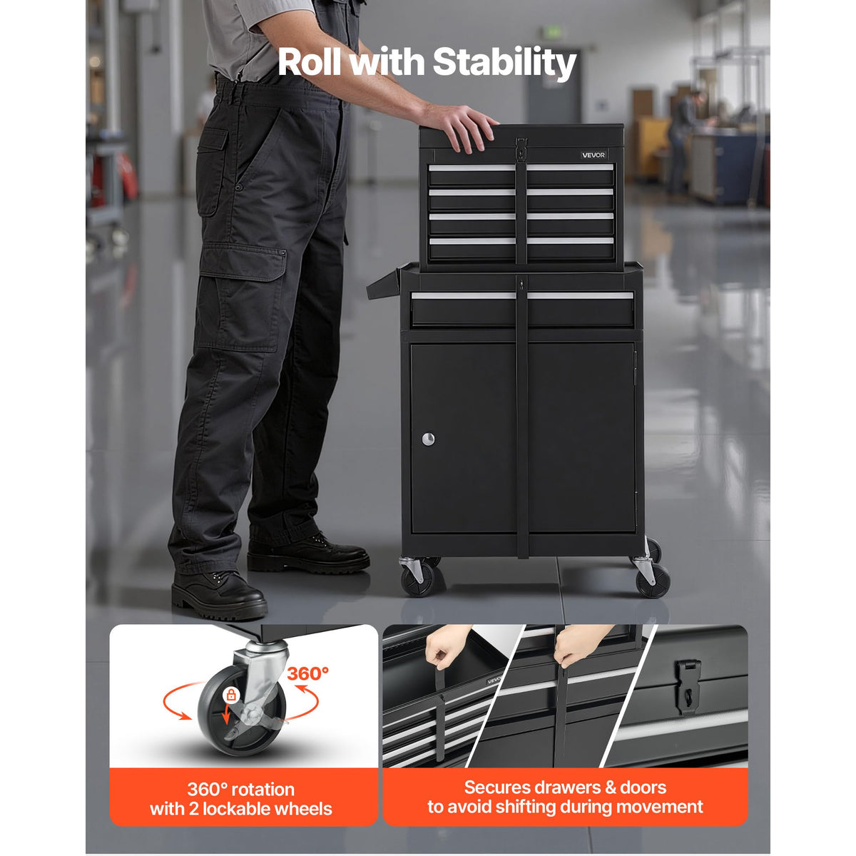 Rolling Tool Chest, 2-in-1 , 5 Drawers Tool Cabinet Organizer with Detachable Top Metal Toolbox, Lock Bar, Protective Liner, and Tools Rack, GaraStoraCabinet for Warehouse, Workshop
