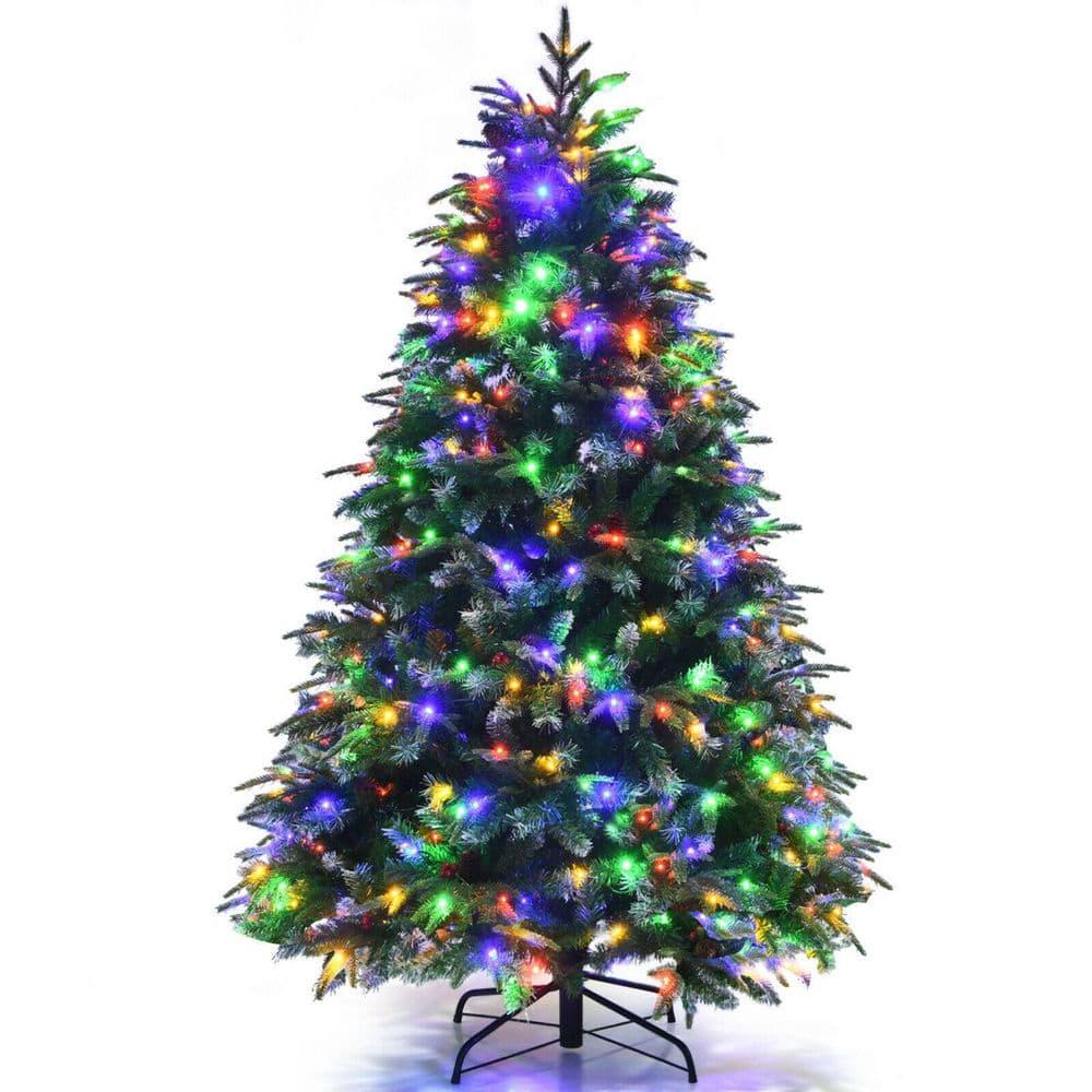 5 ft. Green Pre-Lit LED Snowy Hinged Artificial Christmas Tree with Multi-Color Lights