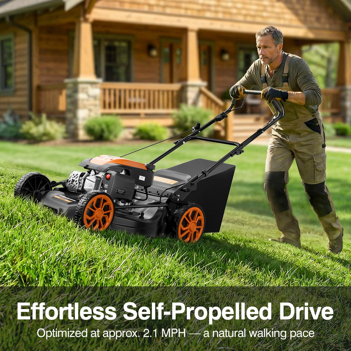 21” Self Propelled Lawn Mower Gas, 170CC 4-in-1 Mulch/Rear Bag/Side Discharge/Rear Discharge, Walk-Behind Gas Lawnmower with 7-Position Cutting Height, Foldable Gas Powered Lawn Mowers