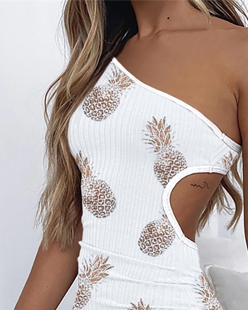 ribbed pineapple print one shoulder cutout dress