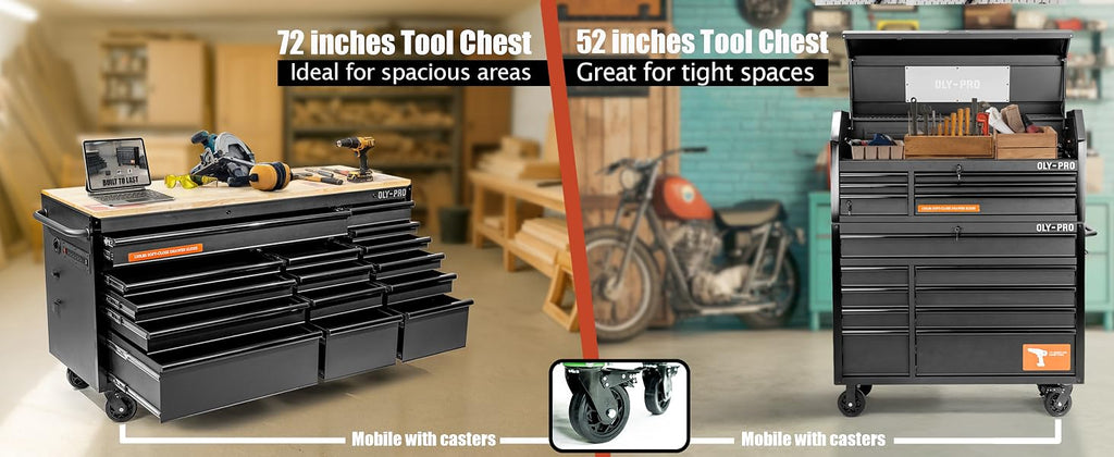 72 inch Heavy Duty Mobile Tool Chest Tool Box, with Solid Top Workbench, 15-Drawer Rolling Tool Chest, Tool StoraOrganizer for Garage, Workshop, and Home, Black