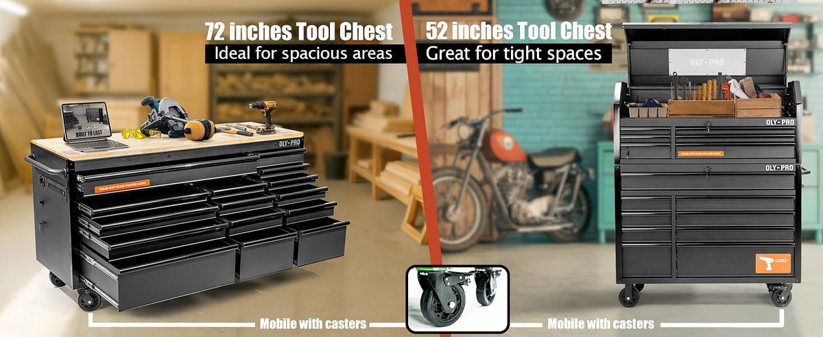 72 inch Heavy Duty Mobile Tool Chest Tool Box, with Solid Top Workbench, 15-Drawer Rolling Tool Chest, Tool StoraOrganizer for Garage, Workshop, and Home, Black