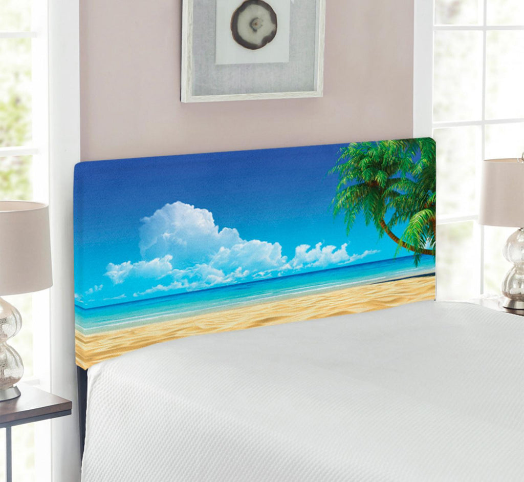 Ocean Headboard, Palm Tree Leaves in the Tropical Sand Beach Sea Landscape Graphic Print, Upholstered Decorative Metal Bed Headboard with Memory Foam, Twin Size, Cream and Navy Green, by Ambesonne