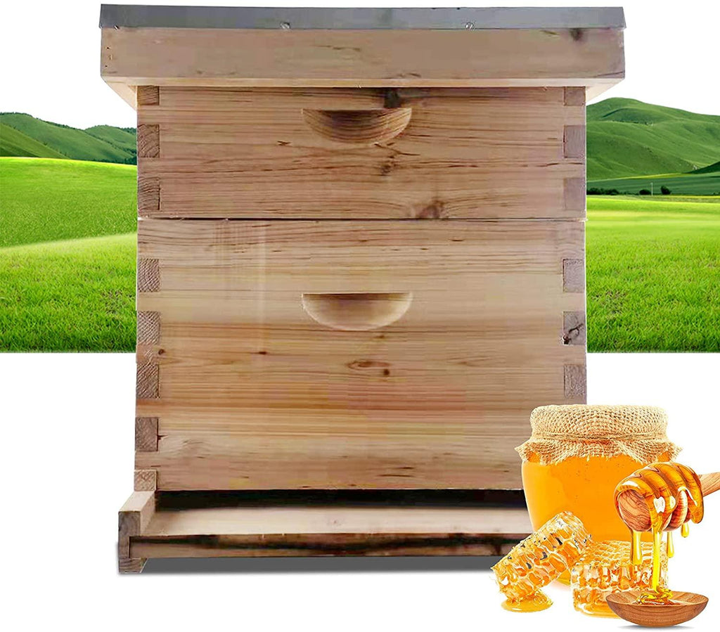 tfcfl wooden bee hives, 10 frame beeswax coated langstroth beehive 2 layers honey bee hive box with metal top cover for beginners and pro beekeepers beekeeping