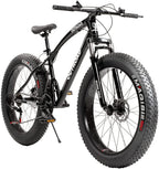 Max4out Fat Tire Mountain Bike 21 Speed  Derailleur, with High Carbon Steel Frame, Double Disc Brake and Front Suspension Anti-Slip Bikes with 26 inch Wheels, Black/White