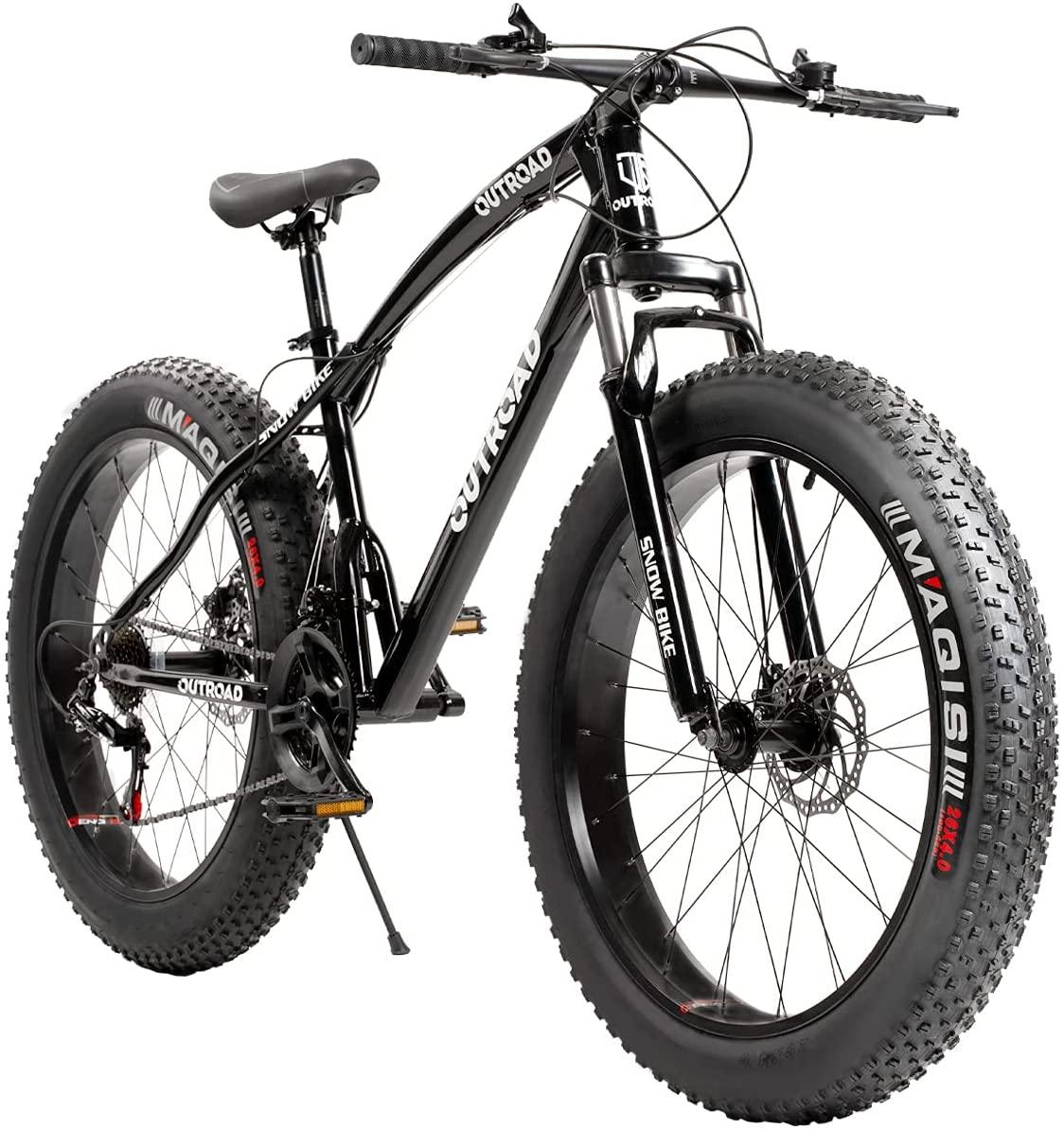 Max4out Fat Tire Mountain Bike 21 Speed  Derailleur, with High Carbon Steel Frame, Double Disc Brake and Front Suspension Anti-Slip Bikes with 26 inch Wheels, Black/White