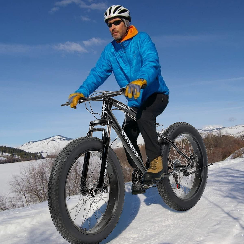 Max4out Fat Tire Mountain Bike 21 Speed  Derailleur, with High Carbon Steel Frame, Double Disc Brake and Front Suspension Anti-Slip Bikes with 26 inch Wheels, Black/White