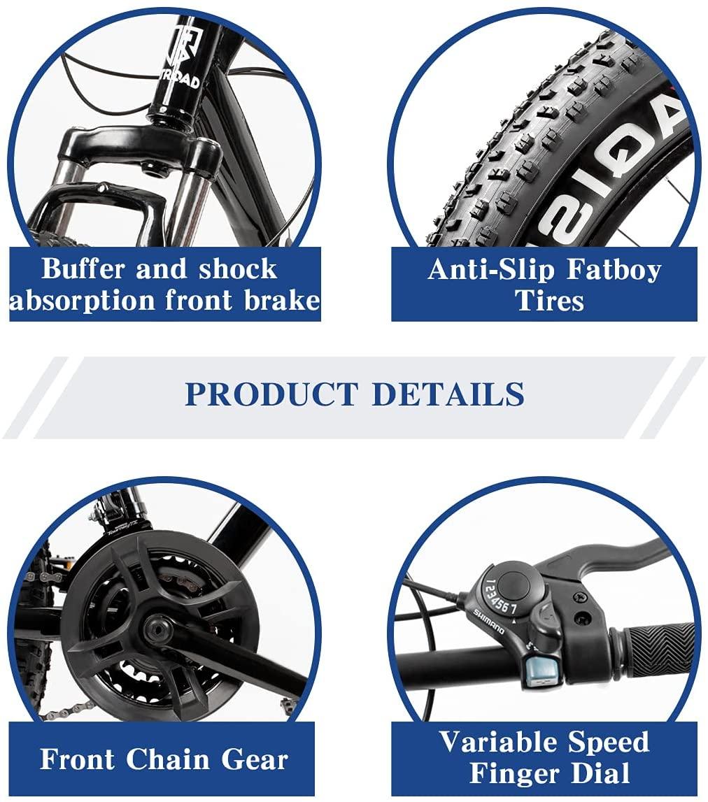 Max4out Fat Tire Mountain Bike 21 Speed  Derailleur, with High Carbon Steel Frame, Double Disc Brake and Front Suspension Anti-Slip Bikes with 26 inch Wheels, Black/White