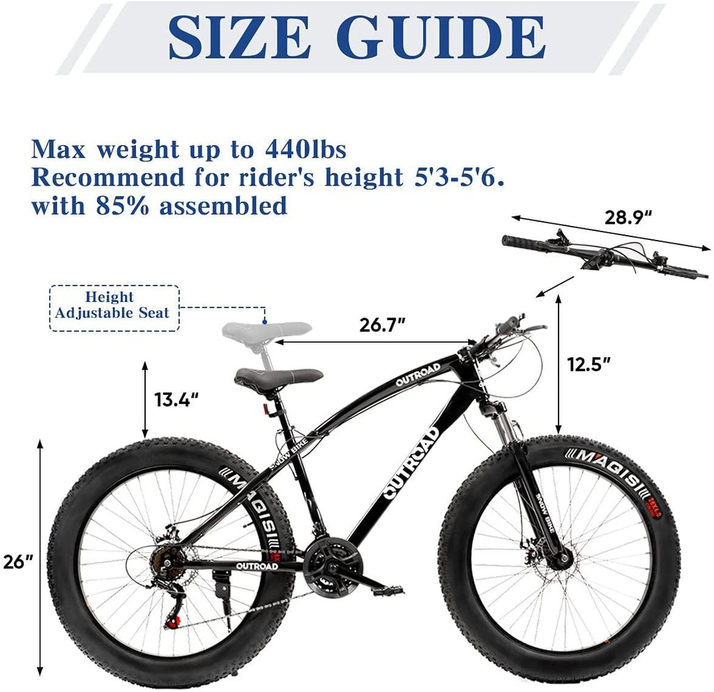 Max4out Fat Tire Mountain Bike 21 Speed  Derailleur, with High Carbon Steel Frame, Double Disc Brake and Front Suspension Anti-Slip Bikes with 26 inch Wheels, Black/White