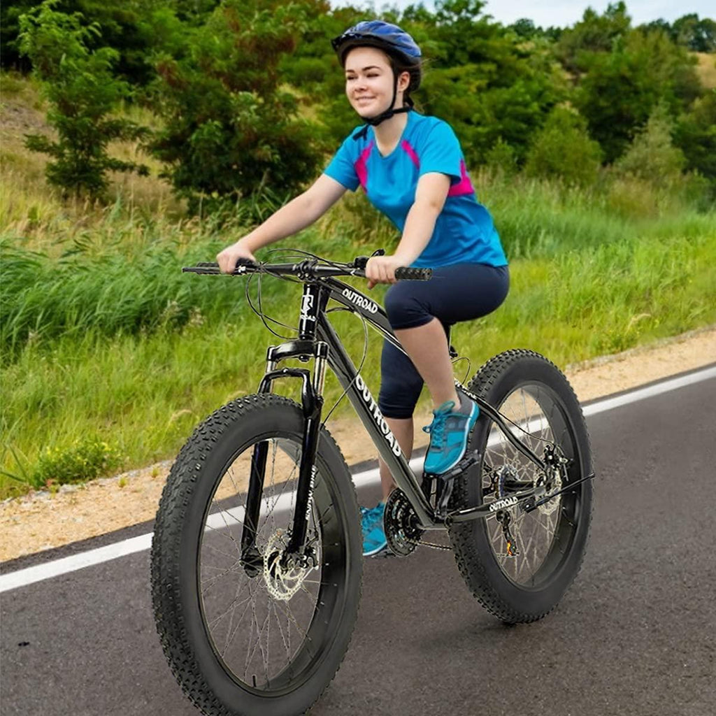 Max4out Fat Tire Mountain Bike 21 Speed  Derailleur, with High Carbon Steel Frame, Double Disc Brake and Front Suspension Anti-Slip Bikes with 26 inch Wheels, Black/White