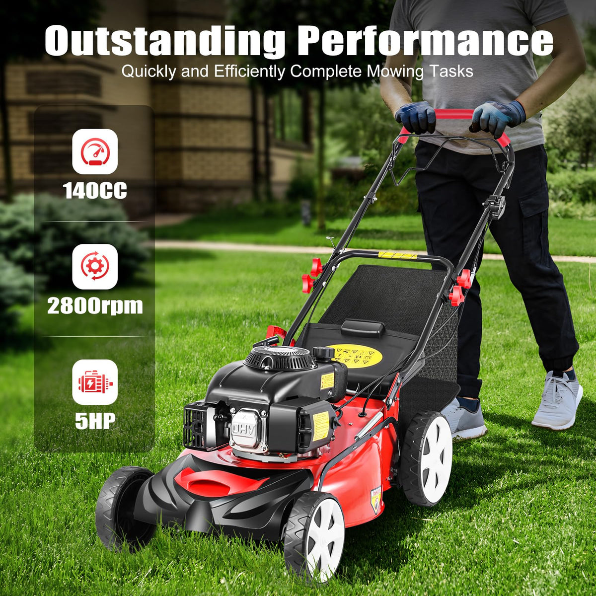 21-Inch 5HP Lawn Mower, 140CC 4-Stroke OHV Engine, Self-propelled Gas Powered Lawn Mowers, 8 Height Adjustment Push Lawn Mower Silencer, Durable Steel Deck Walk-Behind Lawn Mowers for LarFields