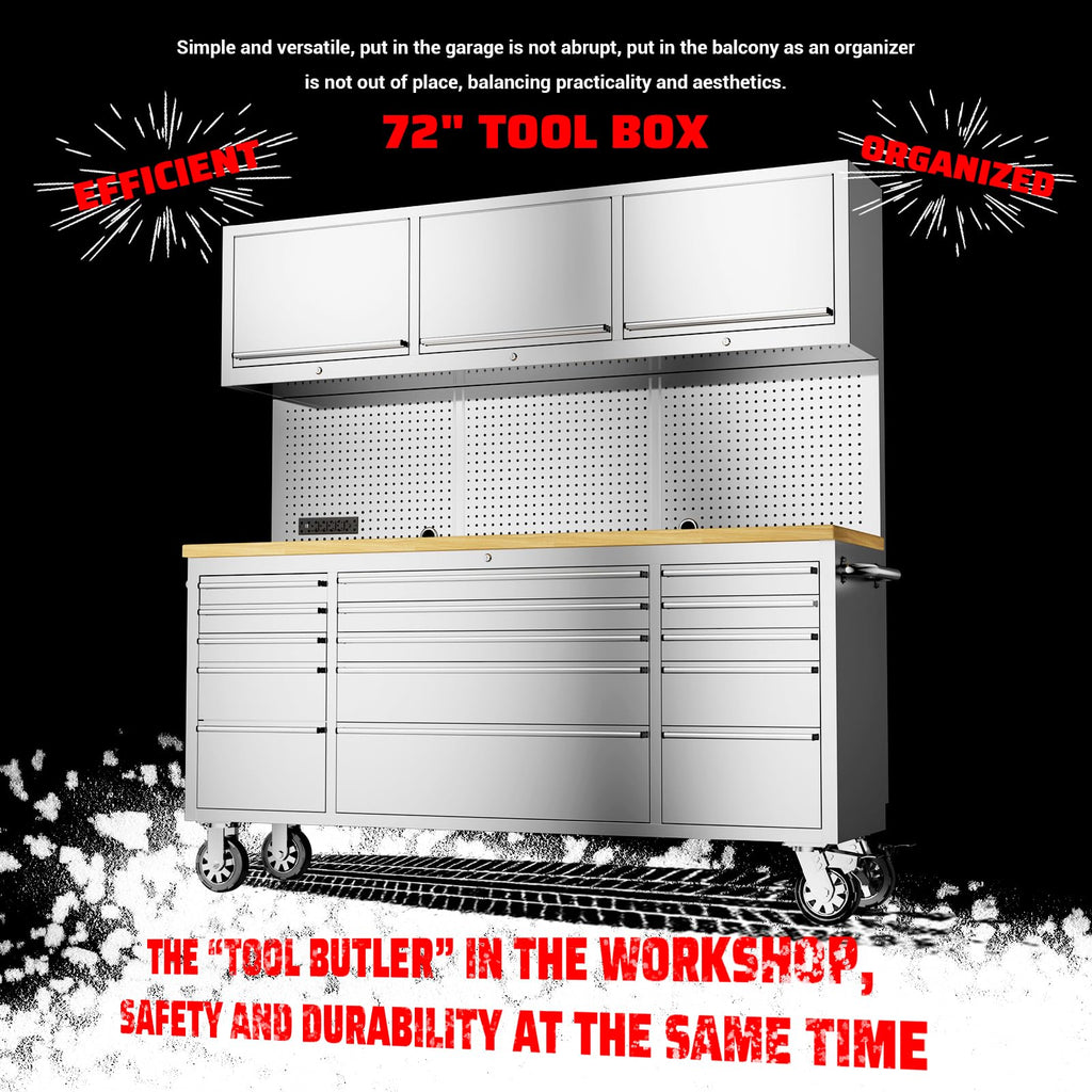 72-inch Rolling Tool Cabinet Mobile Workbench Tool Chest with 15 StoraDrawers, Wheels, 3 Uper Cabinet, Outlet, SS Pegboard,  Steel