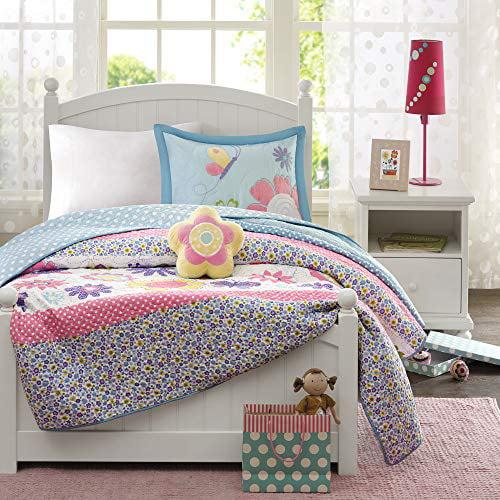 Mi Zone Kids Crazy Daisy Twin Bedding For Girls Quilt Set - Sky Blue, Pink , Flowers, Butterfly - 3 Piece Kids Girls Quilts - Ultra Soft Microfiber Quilt Sets Coverlet
