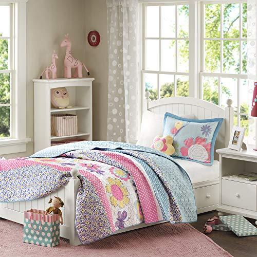 Mi Zone Kids Crazy Daisy Twin Bedding For Girls Quilt Set - Sky Blue, Pink , Flowers, Butterfly - 3 Piece Kids Girls Quilts - Ultra Soft Microfiber Quilt Sets Coverlet