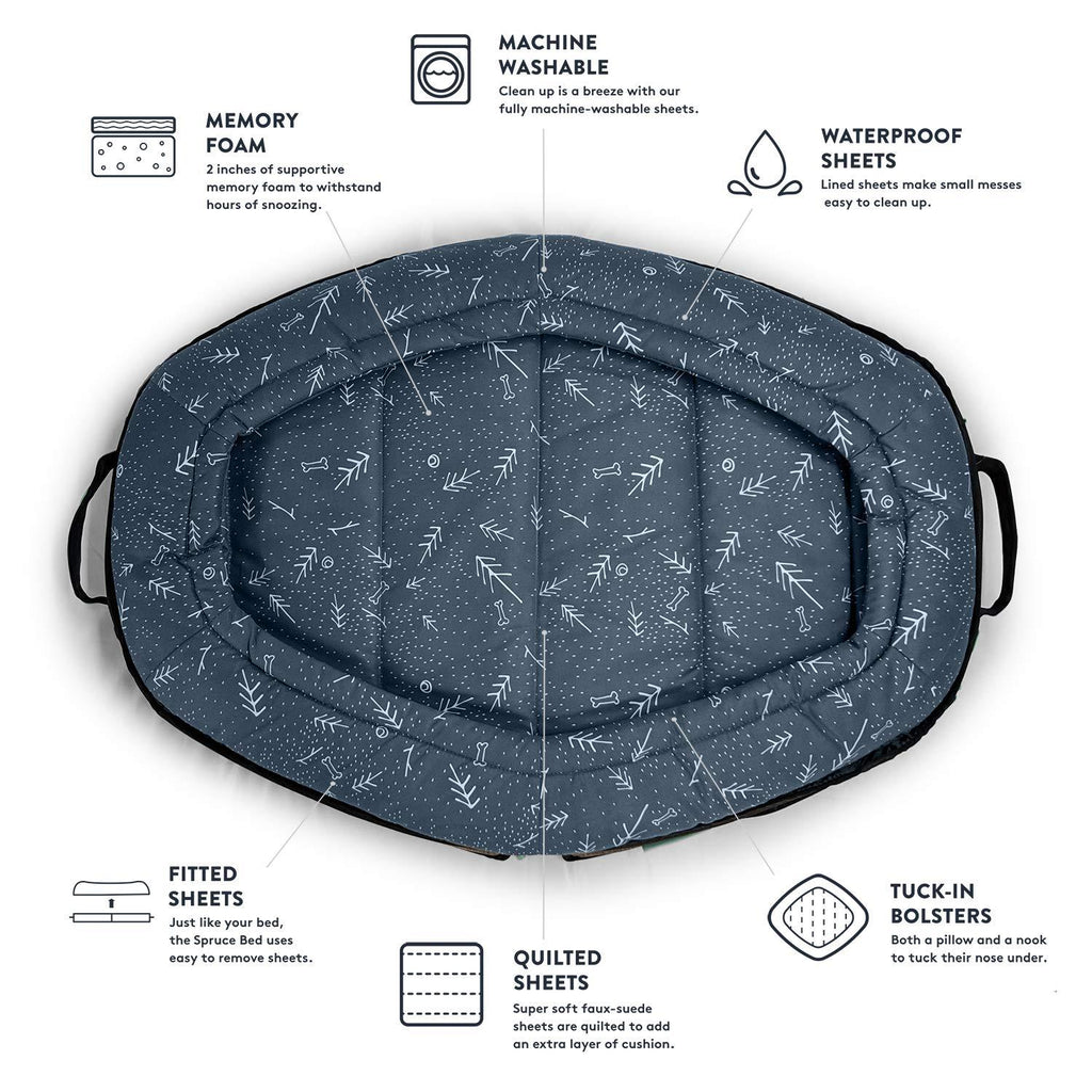 Spruce Pup Indoor/Outdoor Travel Dog Pet Bed - with Foldable, Supportive Foam &amp; Removable Machine Washable Waterproof Fitted Soft -Suede Quilted Sheets, Small Medium LarSizes