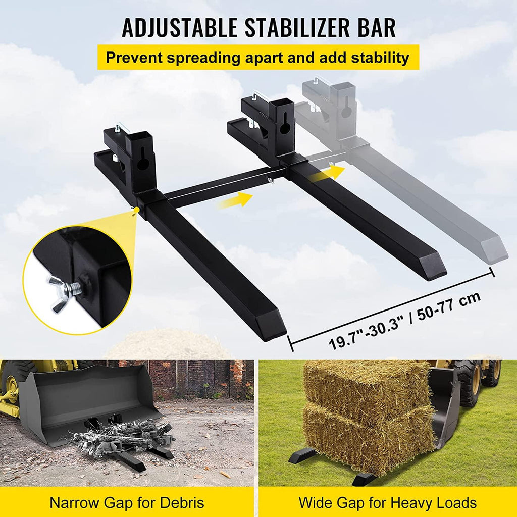 mophorn pallet forks 30" 1500 lbs max, clamp on tractor bucket forks with adjustable stabilizer bar, heavy duty front loader forks 43" total length, fork attachment for skid steer,loader bucket