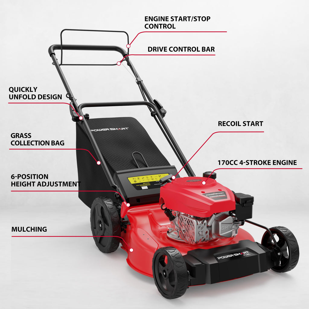 21" Self-Propelled Gas Lawn Mower | 170cc OHV Engine | Rear-Wheel Drive for Slopes | 3-in-1 Bag, Mulch &amp; Dischar| 6 Cutting Heights | Durable Steel Deck| Rear-Wheel Drive | Medium Yard