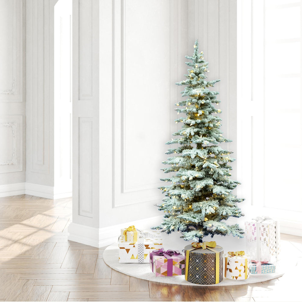 Vickerman 6.5' Flocked Utica Fir Slim Artificial Christmas Tree, Warm White LED Lights - Snow Covered Faux Tree - Seasonal Indoor Home Decor