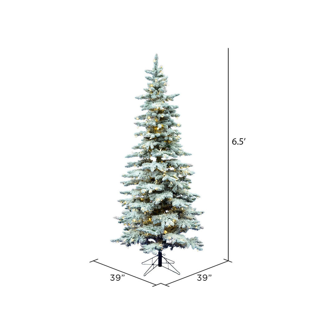 Vickerman 6.5' Flocked Utica Fir Slim Artificial Christmas Tree, Warm White LED Lights - Snow Covered Faux Tree - Seasonal Indoor Home Decor