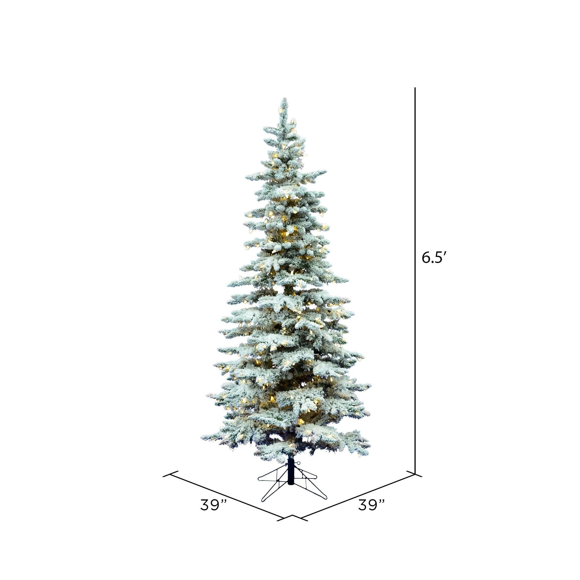 Vickerman 6.5' Flocked Utica Fir Slim Artificial Christmas Tree, Warm White LED Lights - Snow Covered Faux Tree - Seasonal Indoor Home Decor